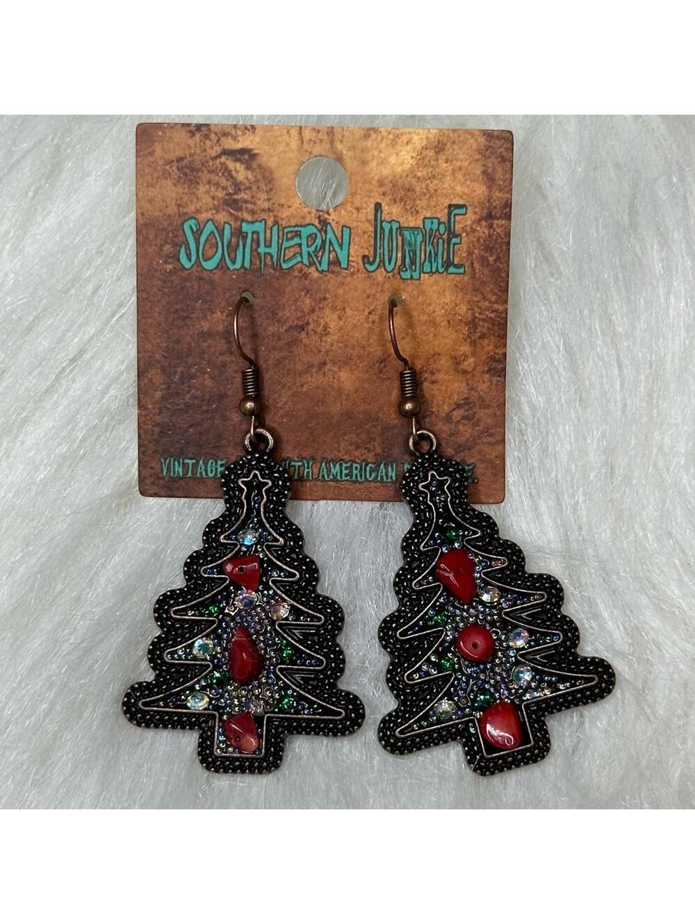 Christmas tree red green stone Earring copper